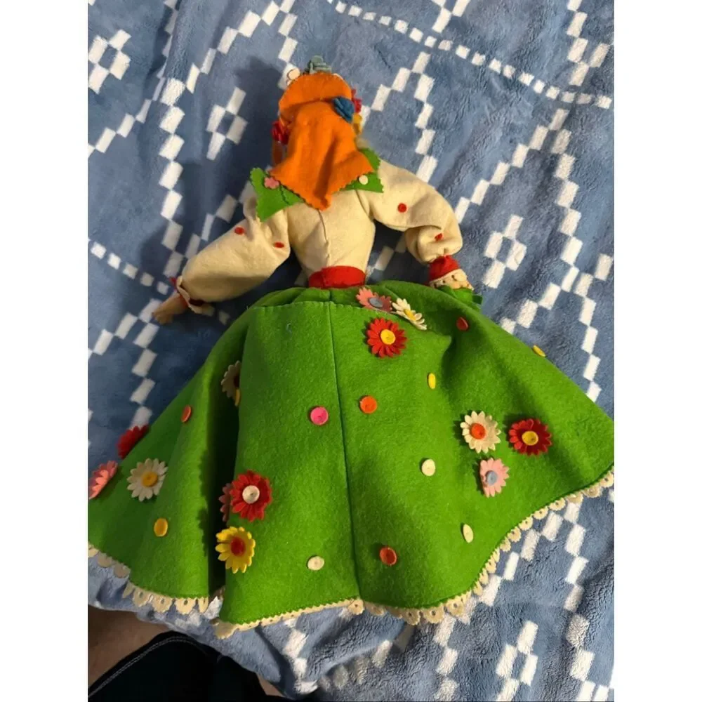 Vintage Lucianda Argentina Folk Art Doll Floral Felt Dress Handmade Souvenir